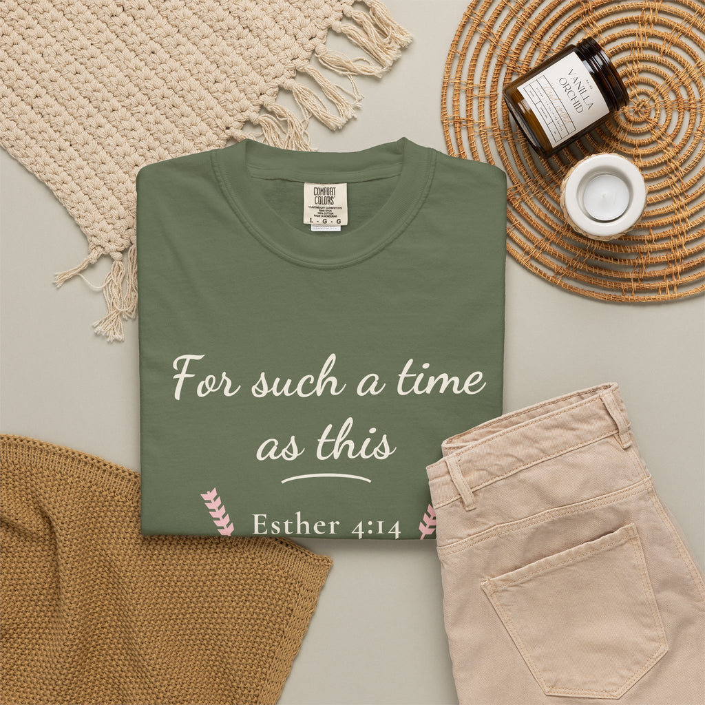 For Such a Time as This Esther 4:14 tee in sage, folded flat lay mockup