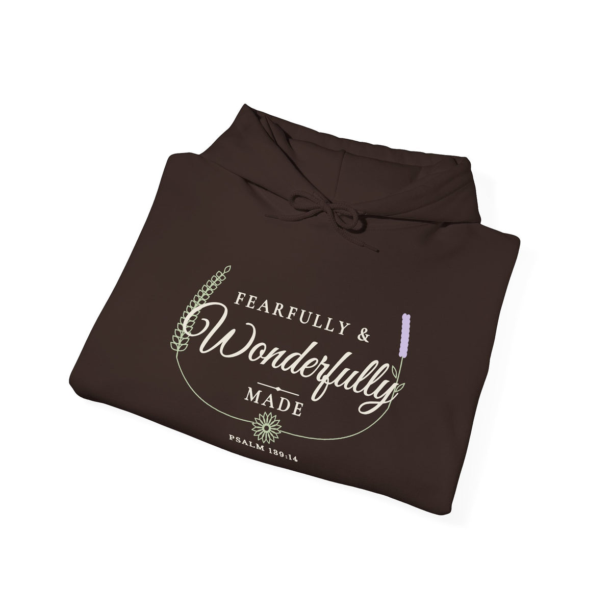 Fearfully & Wonderfully Made Psalm 139:14 hoodie in dark chocolate, folded mockup