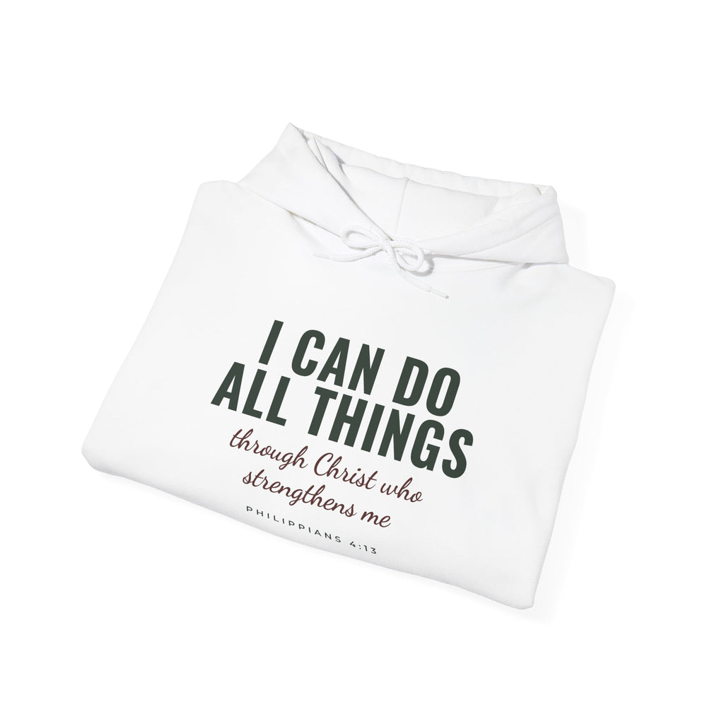I Can Do All Things Philippians 4:13 Christian hoodie in white, folded mockup