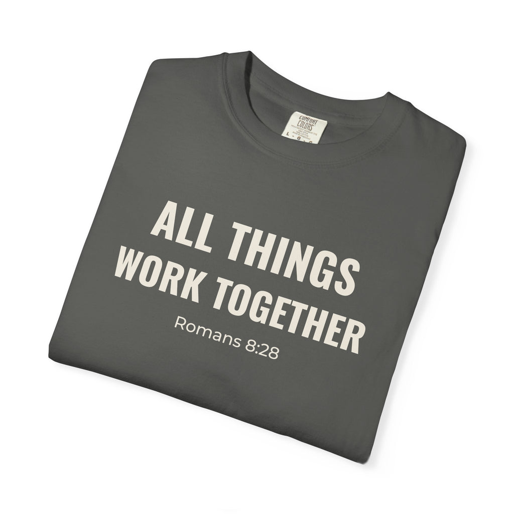 All Things Work Together Romans 8:28 tee in pepper, folded mockup
