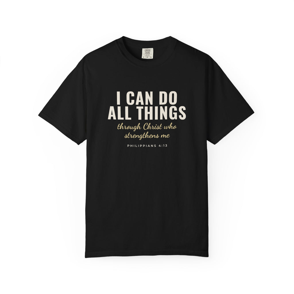 I Can Do All Things Philippians 4:13 Christian tee in black, front mockup