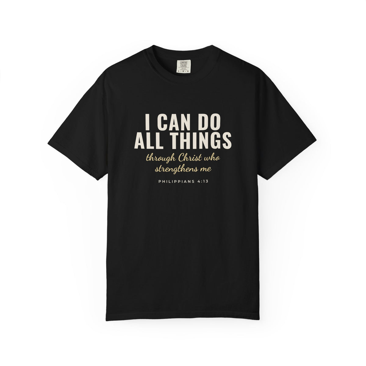 I Can Do All Things Philippians 4:13 Christian tee in black, front mockup