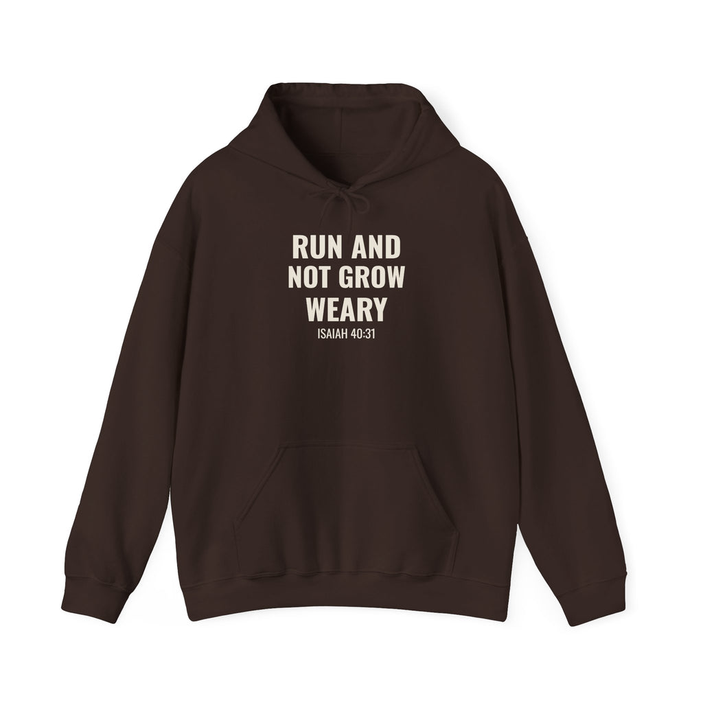 Run and Not Grow Weary Isaiah 40:31 hoodie in dark chocolate, front mockup