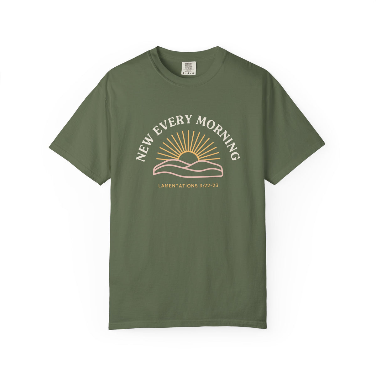 New Every Morning Lamentations 3:22-23 tee in sage, front mockup