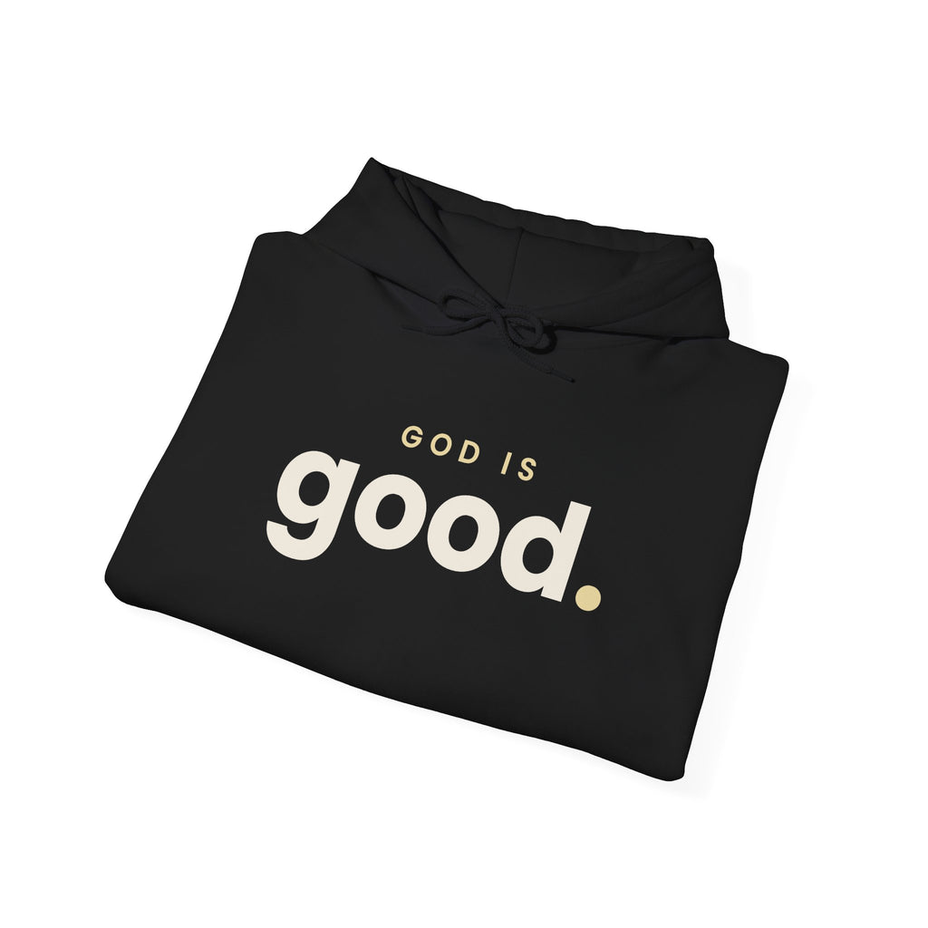God Is Good Christian hoodie in black, folded mockup