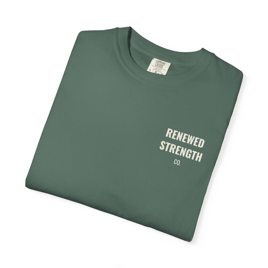 Suffering Produces Hope Romans 5:3-4 tee in blue spruce, folded mockup