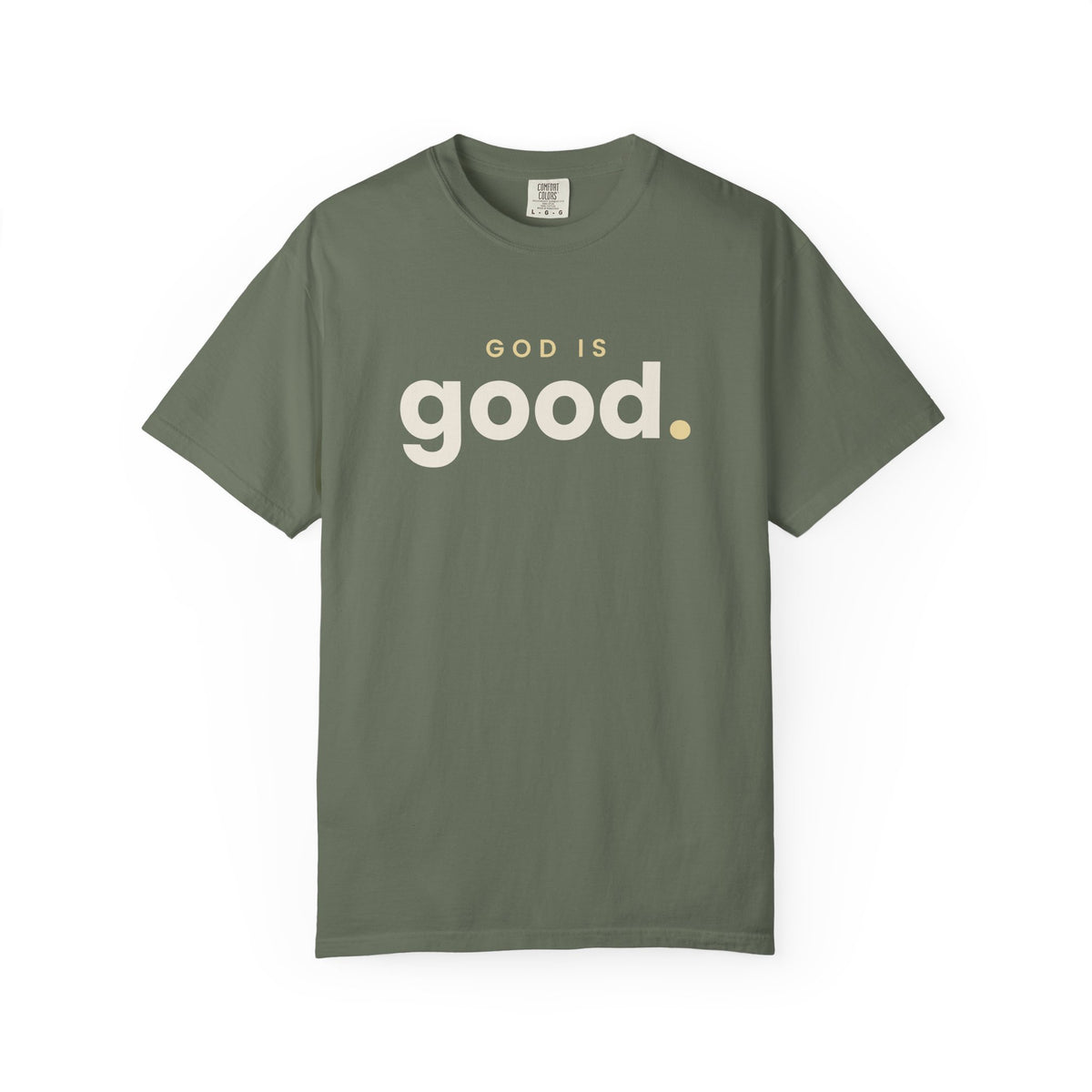 God Is Good Christian tee in moss, front mockup