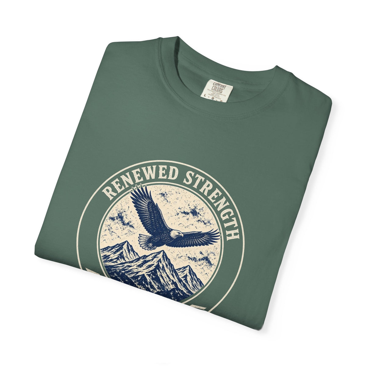 Renew Your Strength Isaiah 40:31 tee in blue spruce, folded mockup