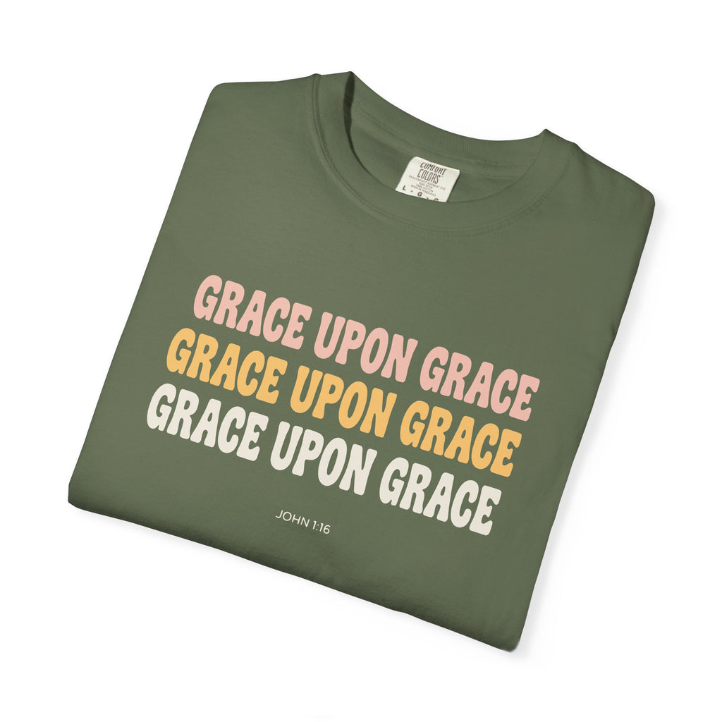 Grace Upon Grace John 1:16 tee in sage, folded mockup