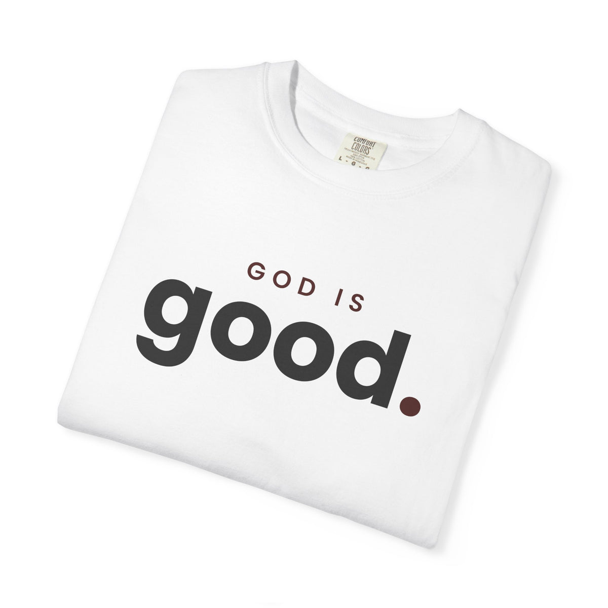 God Is Good Christian tee in white, folded mockup