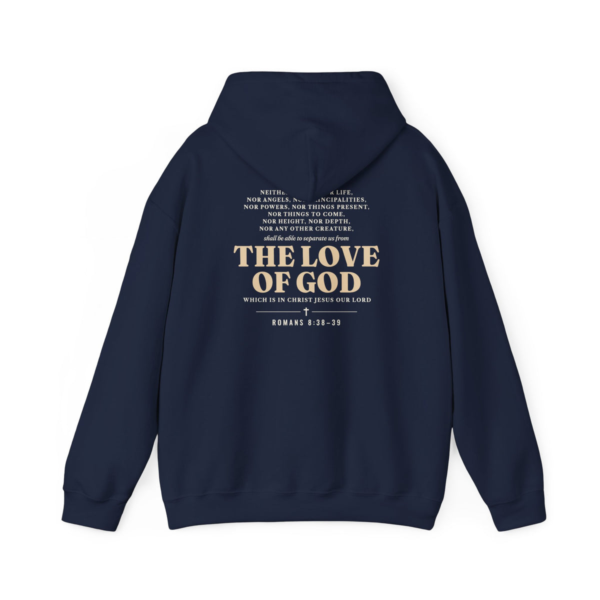 Nothing Can Separate Us Romans 8:38-39 hoodie in Navy, back print mockup