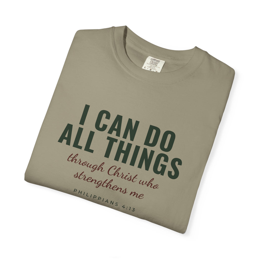I Can Do All Things Philippians 4:13 Christian tee in sandstone, folded mockup