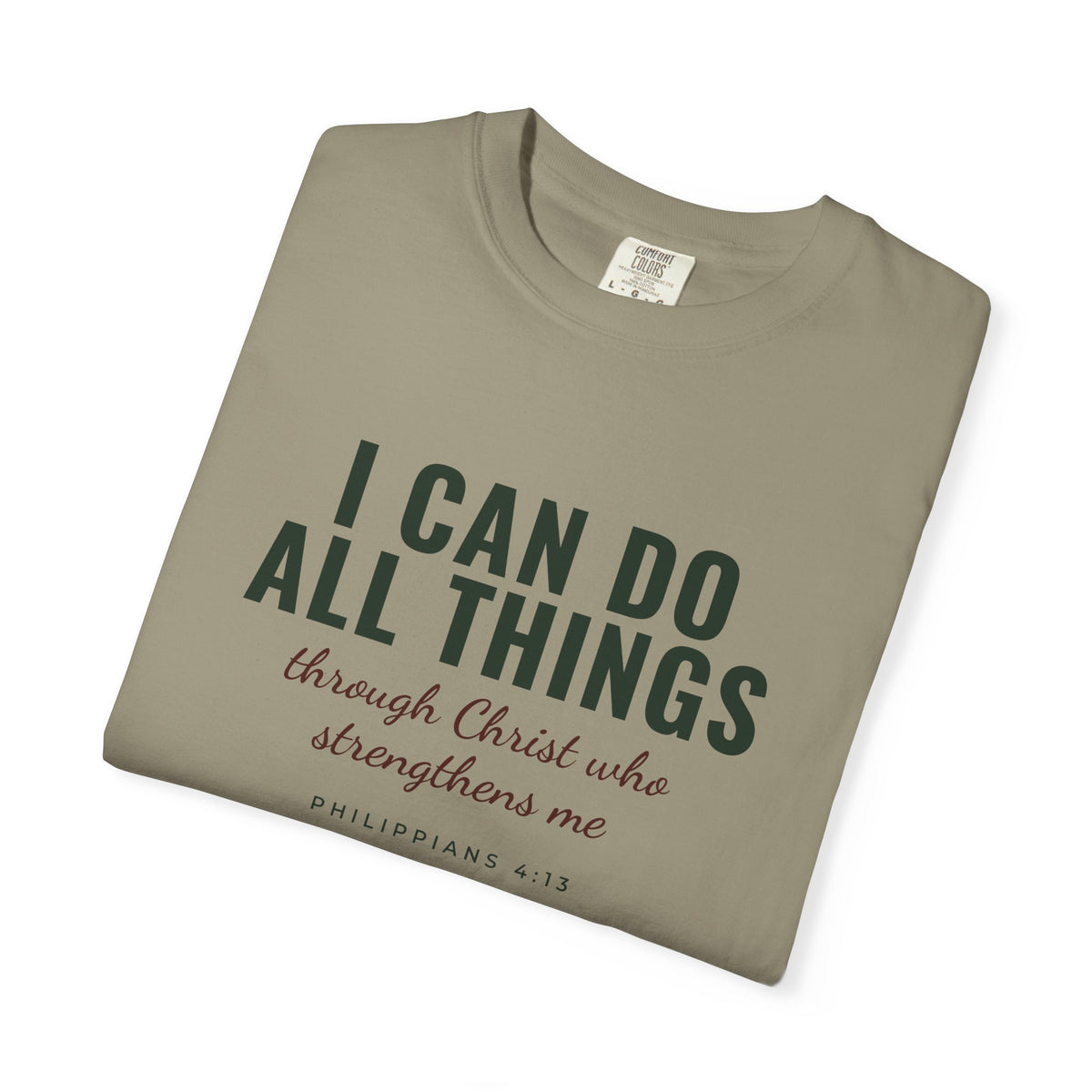 I Can Do All Things Philippians 4:13 Christian tee in sandstone, folded mockup