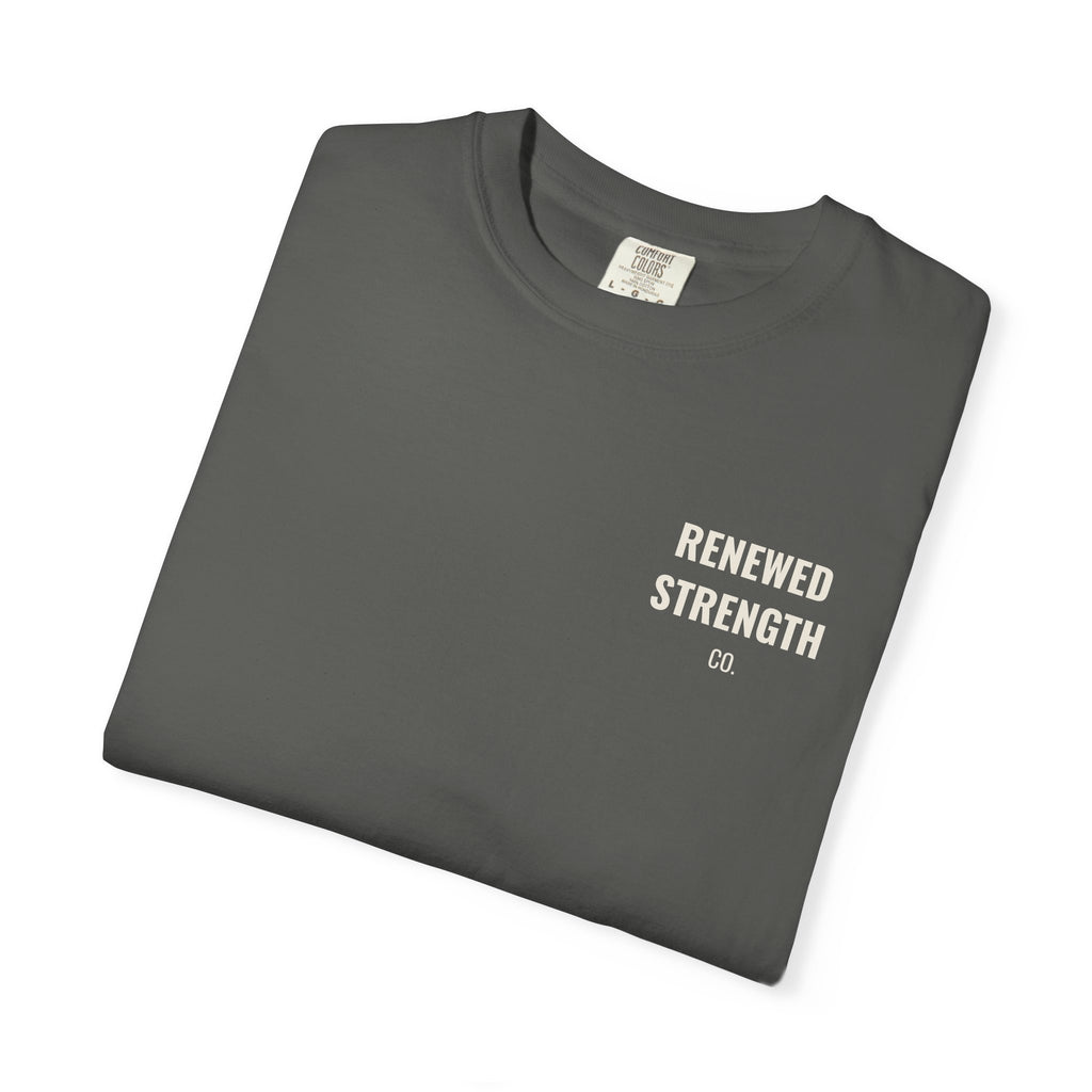 Suffering Produces Hope Romans 5:3-4 tee in pepper, folded mockup