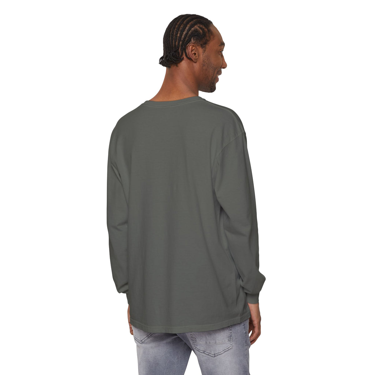 Kept the Faith 2 Timothy 4:7 long sleeve tee in Pepper, back, model