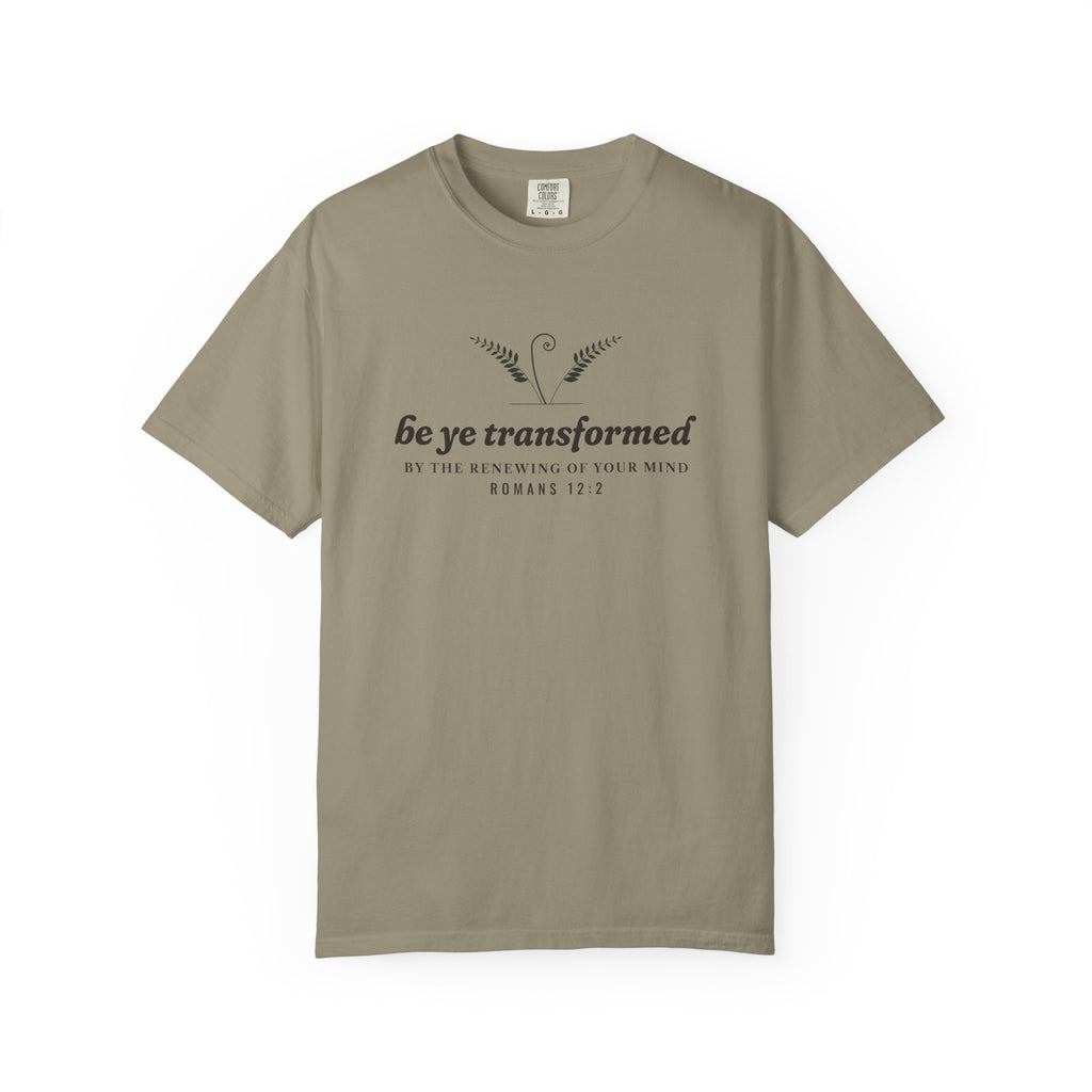 Be Transformed Romans 12:2 tee in Sandstone, front mockup