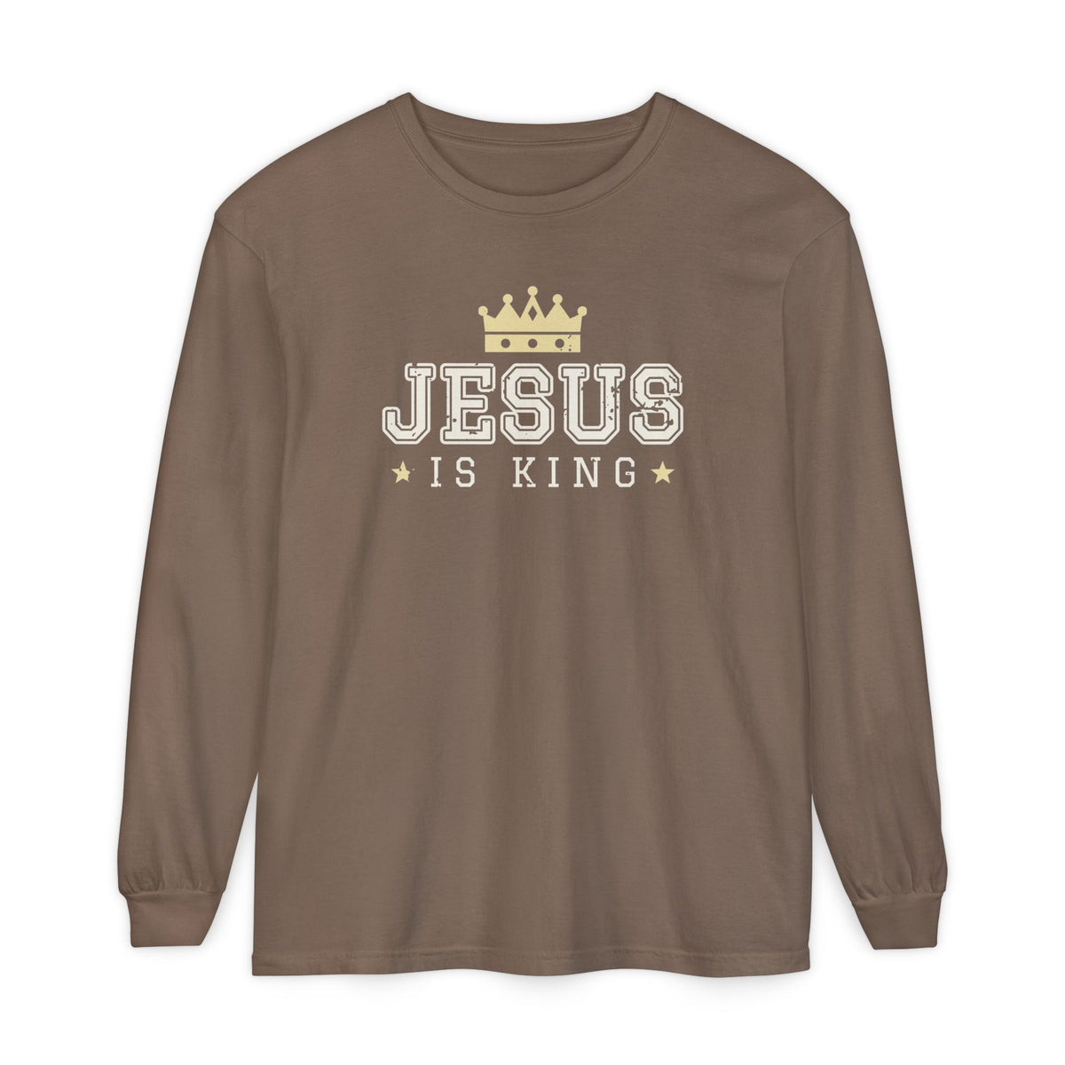 Jesus Is King Christian long sleeve tee in espresso, front mockup