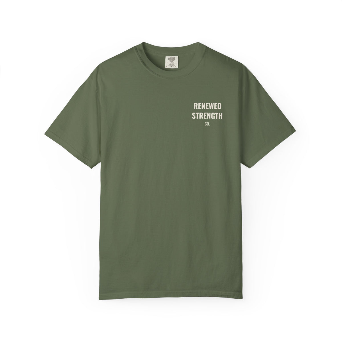 Suffering Produces Hope Romans 5:3-4 tee in sage, front (left-chest logo) mockup