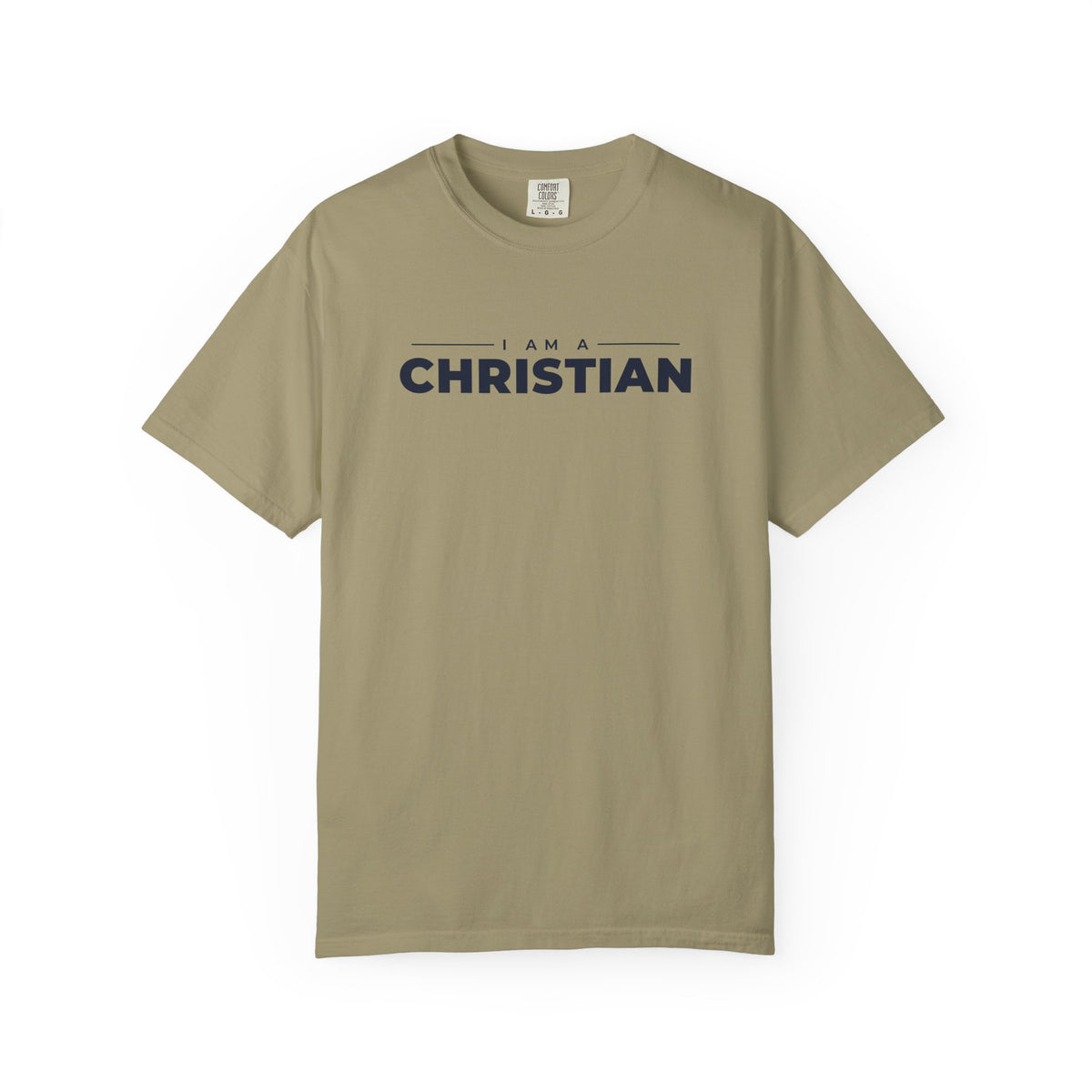 I Am a Christian Christian tee in khaki, front mockup