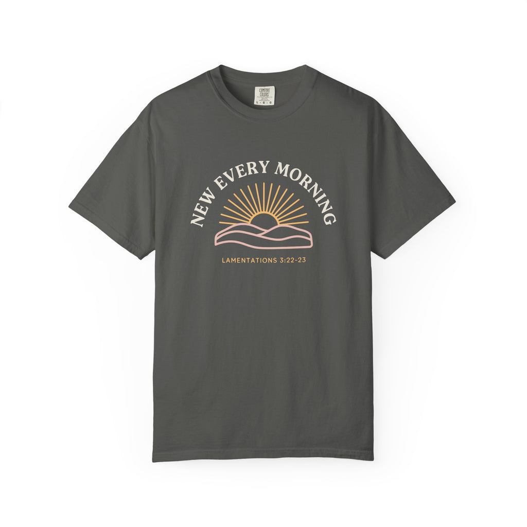 New Every Morning Lamentations 3:22-23 tee in pepper, front mockup