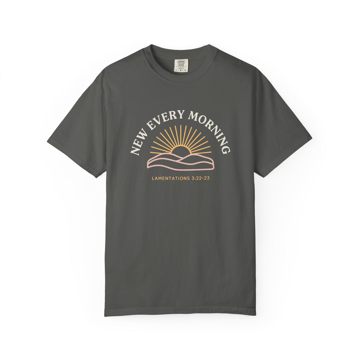 New Every Morning Lamentations 3:22-23 tee in pepper, front mockup