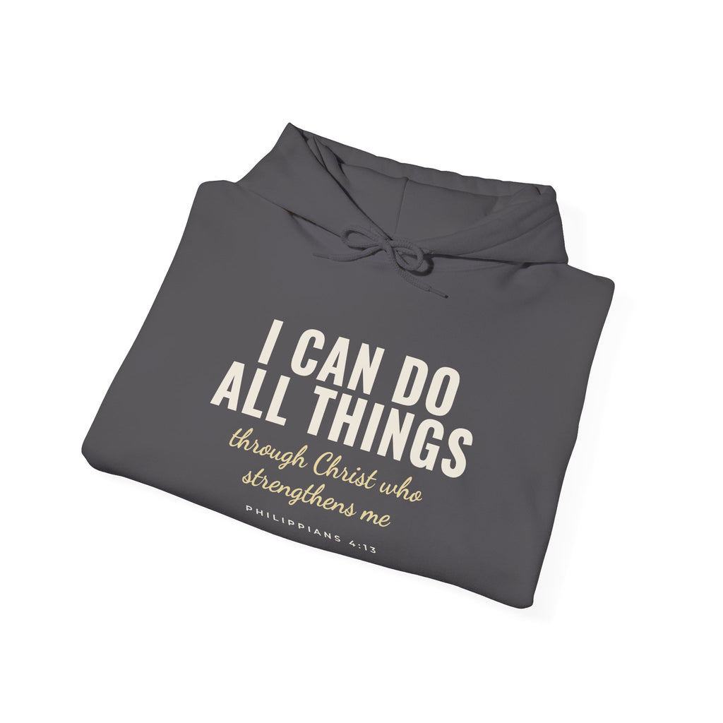 I Can Do All Things Philippians 4:13 Christian hoodie in charcoal, folded mockup