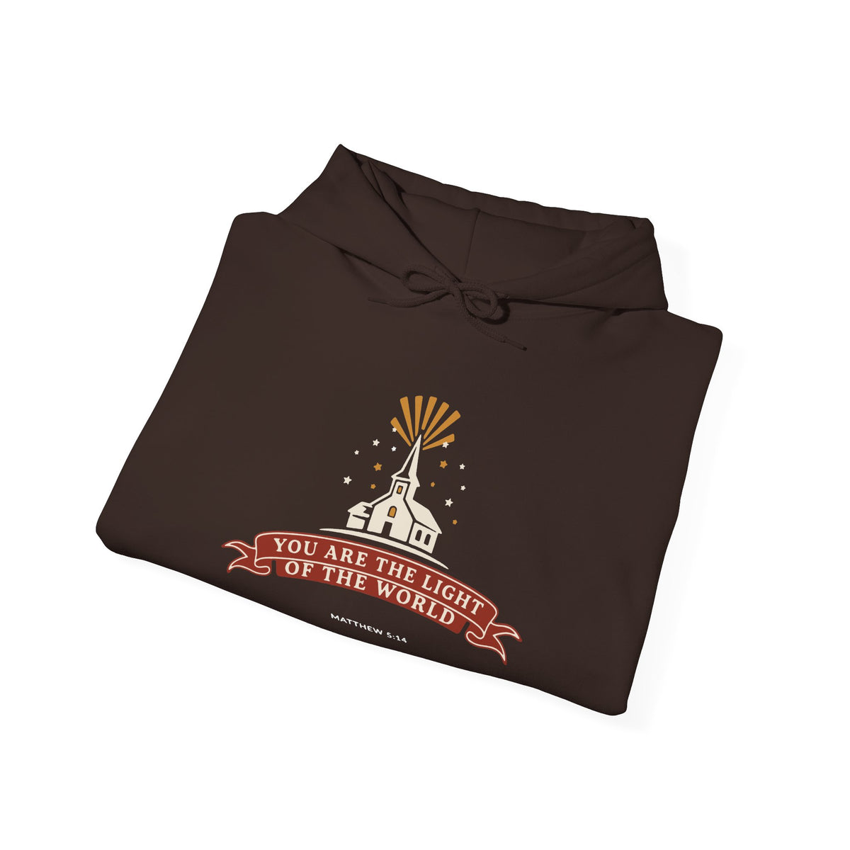 City on a Hill Matthew 5:14 hoodie in dark chocolate, folded mockup