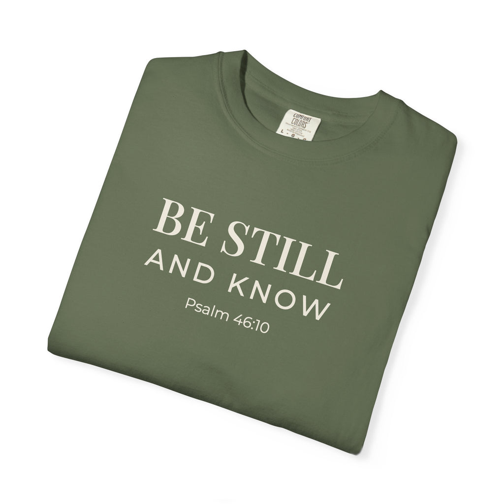 Be Still and Know Psalm 46:10 tee in sage, folded mockup