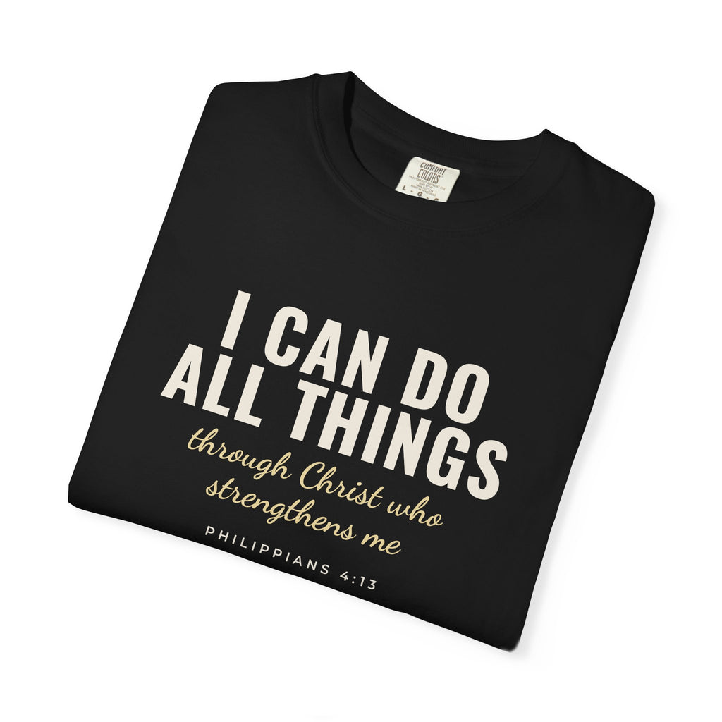I Can Do All Things Philippians 4:13 Christian tee in black, folded mockup