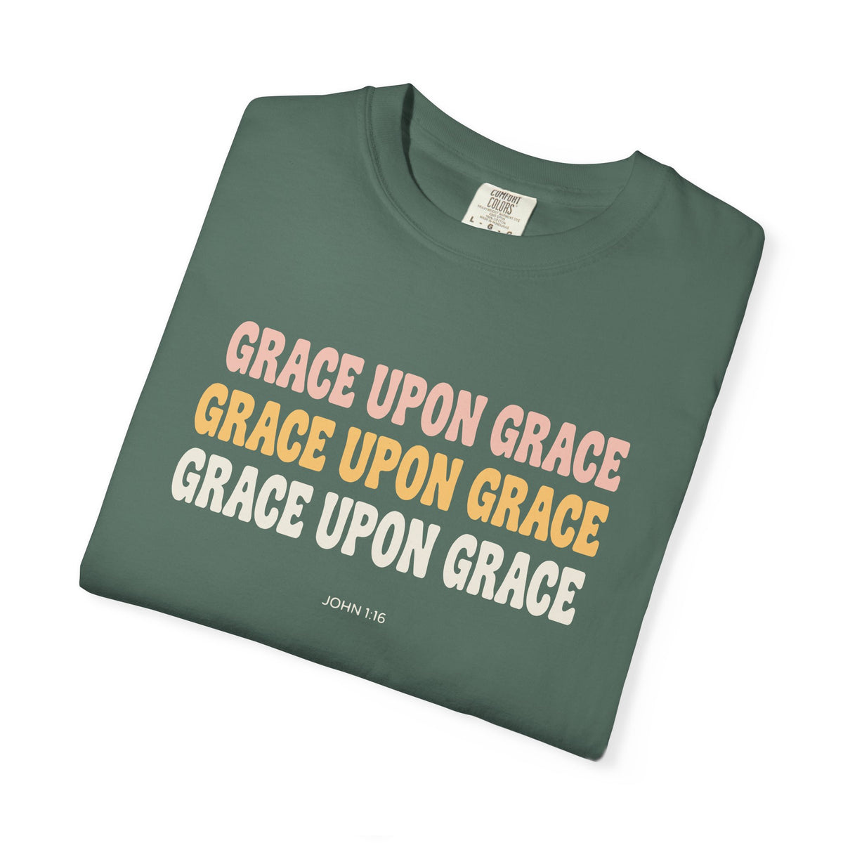 Grace Upon Grace John 1:16 tee in blue spruce, folded mockup