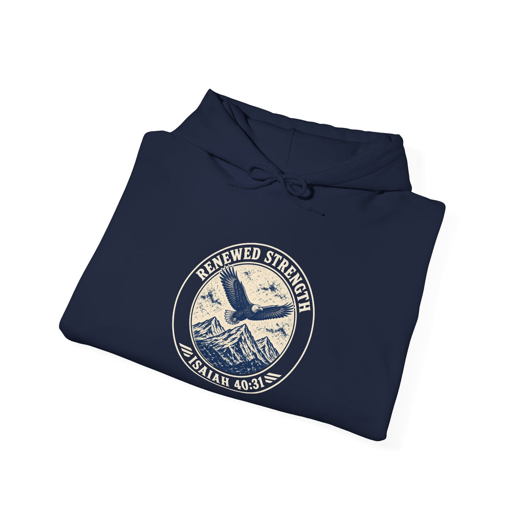 Renew Your Strength Isaiah 40:31 hoodie in navy, folded mockup