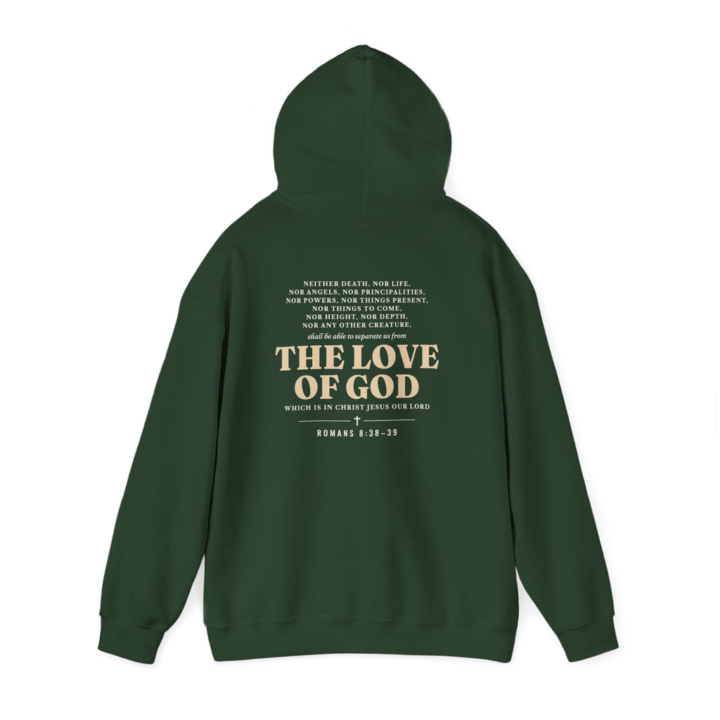 Nothing Can Separate Us Romans 8:38-39 hoodie in Forest Green, back print with hood up mockup