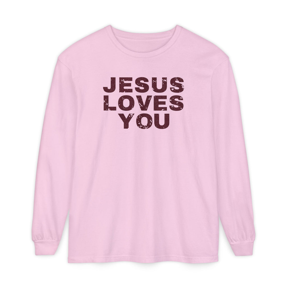 Jesus Loves You Christian long sleeve tee in blossom, front mockup