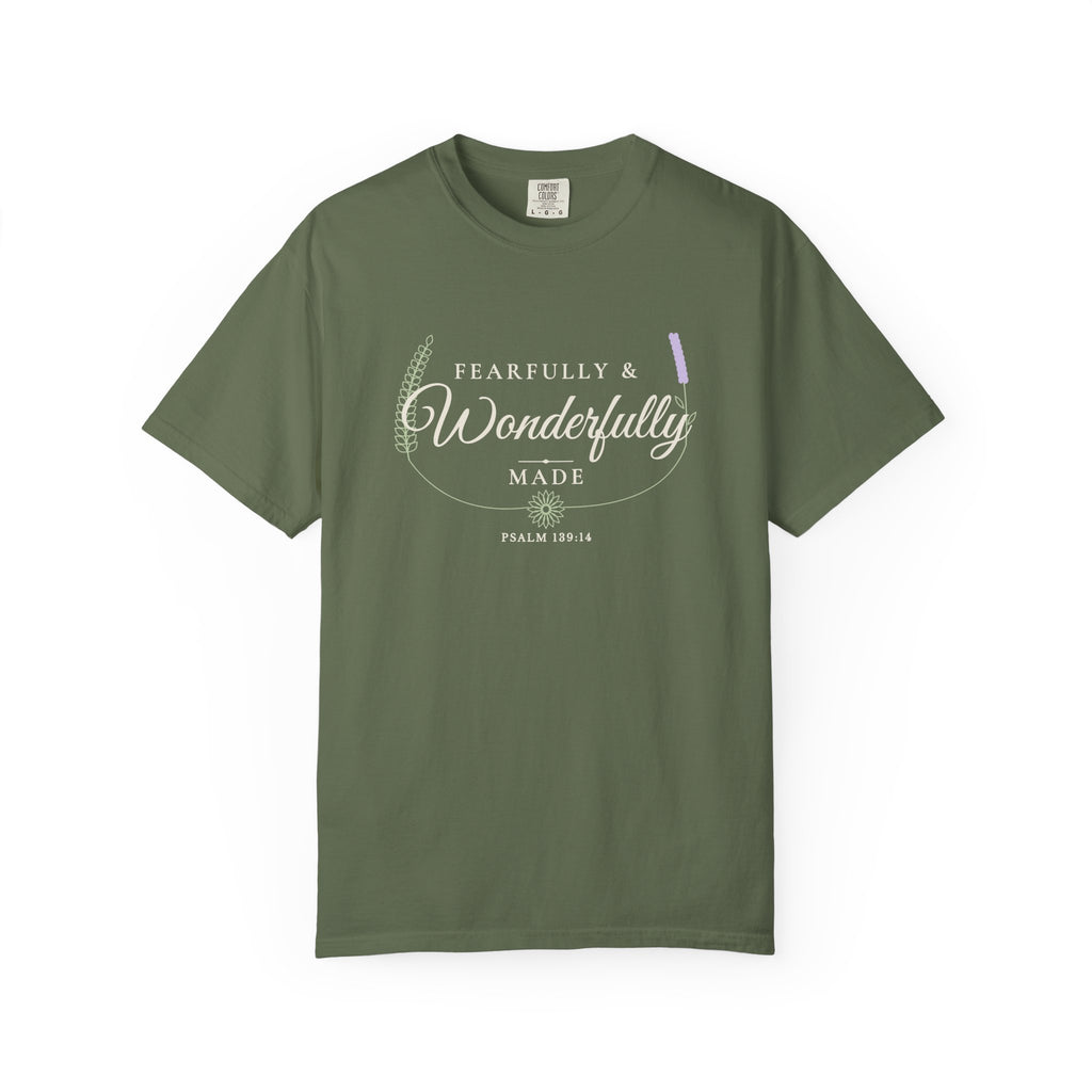Fearfully & Wonderfully Made Psalm 139:14 tee in sage, front mockup