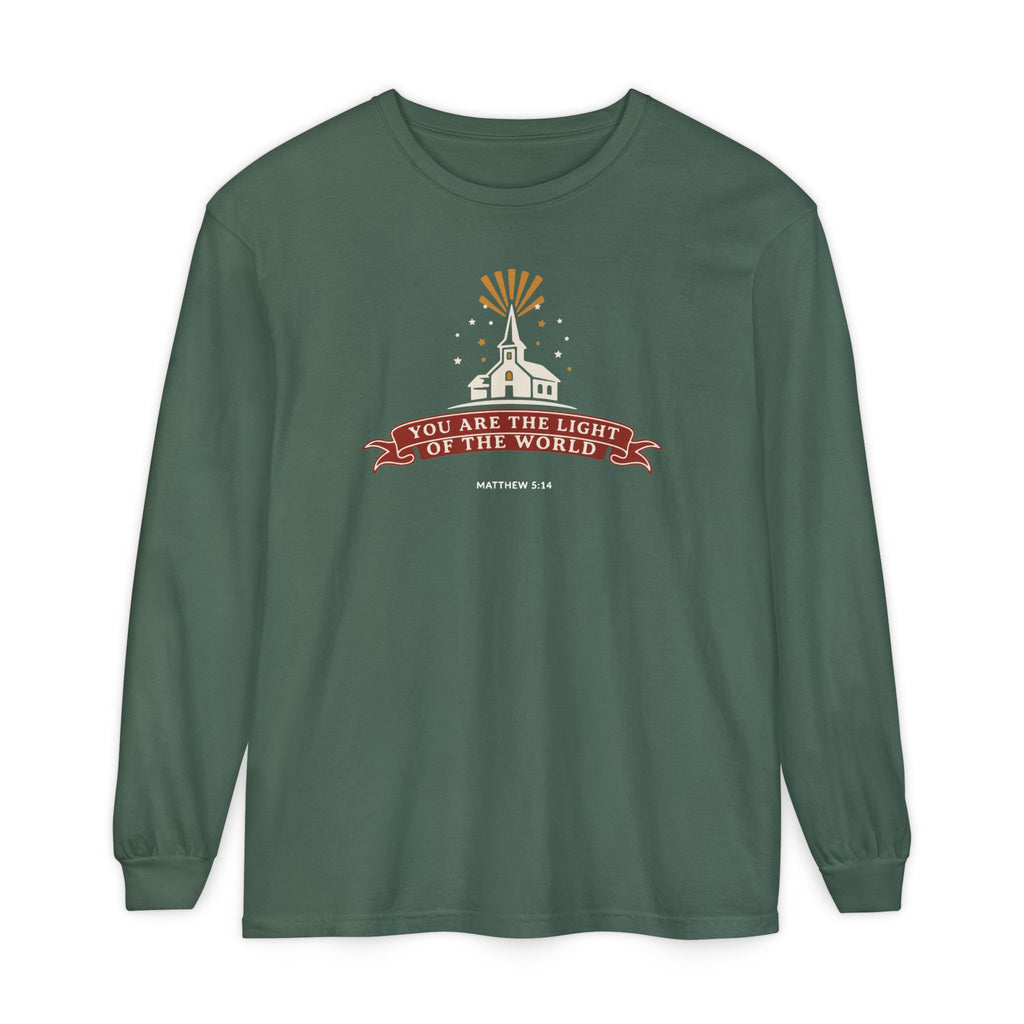 City on a Hill Matthew 5:14 long sleeve tee in blue spruce, front mockup