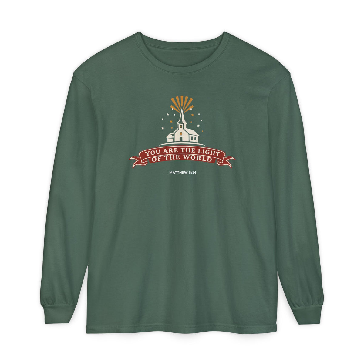 City on a Hill Matthew 5:14 long sleeve tee in blue spruce, front mockup