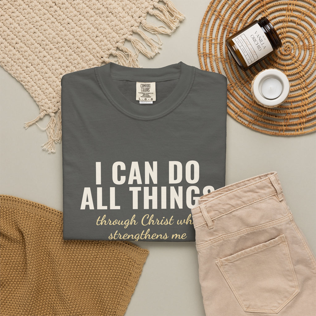 I Can Do All Things Philippians 4:13 Christian tee in pepper, folded flat lay