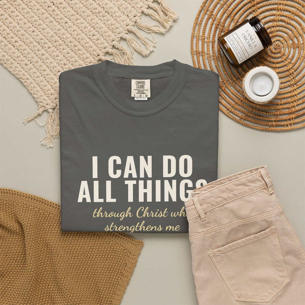 I Can Do All Things Philippians 4:13 Christian tee in pepper, folded flat lay