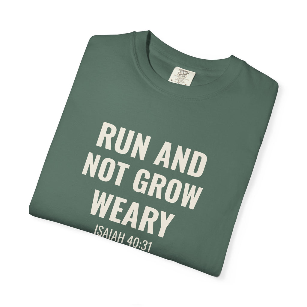 Run and Not Grow Weary Isaiah 40:31 tee in blue spruce, folded mockup
