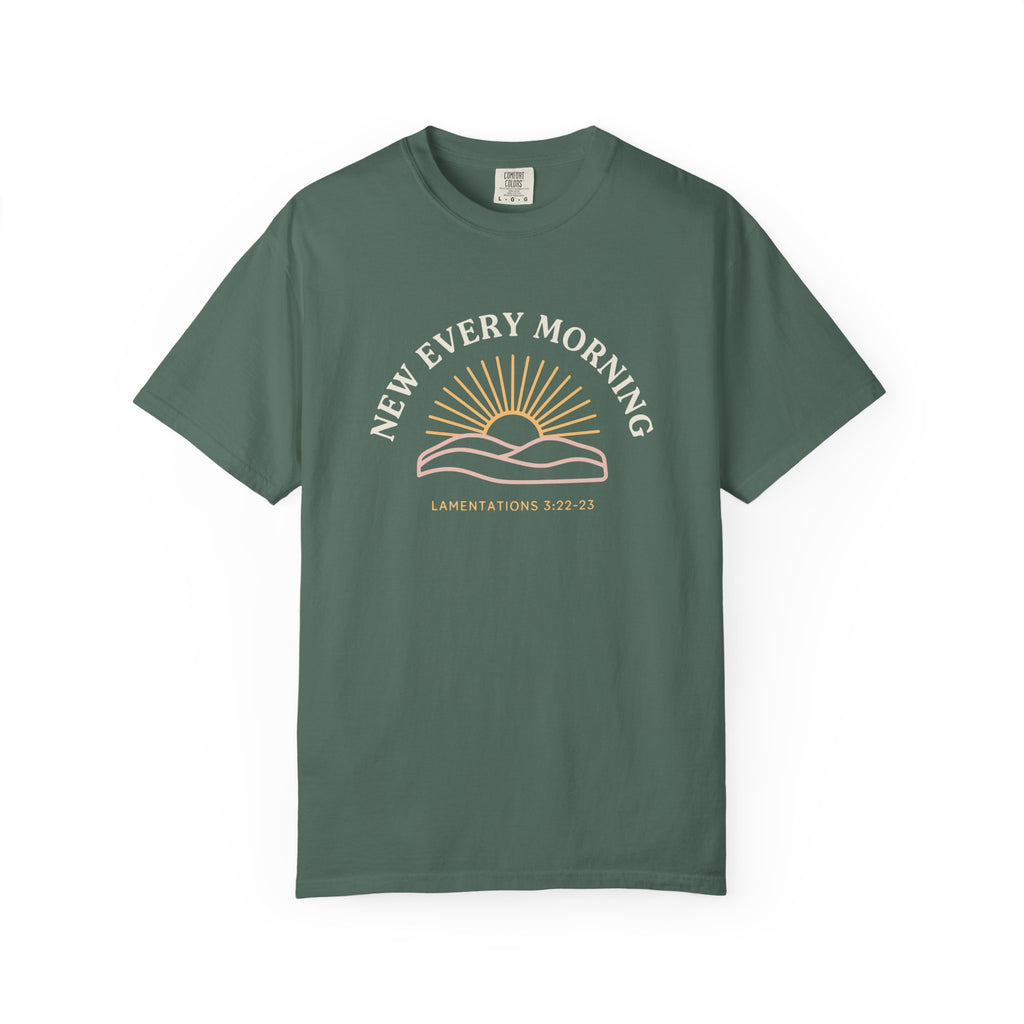 New Every Morning Lamentations 3:22-23 tee in blue spruce, front mockup