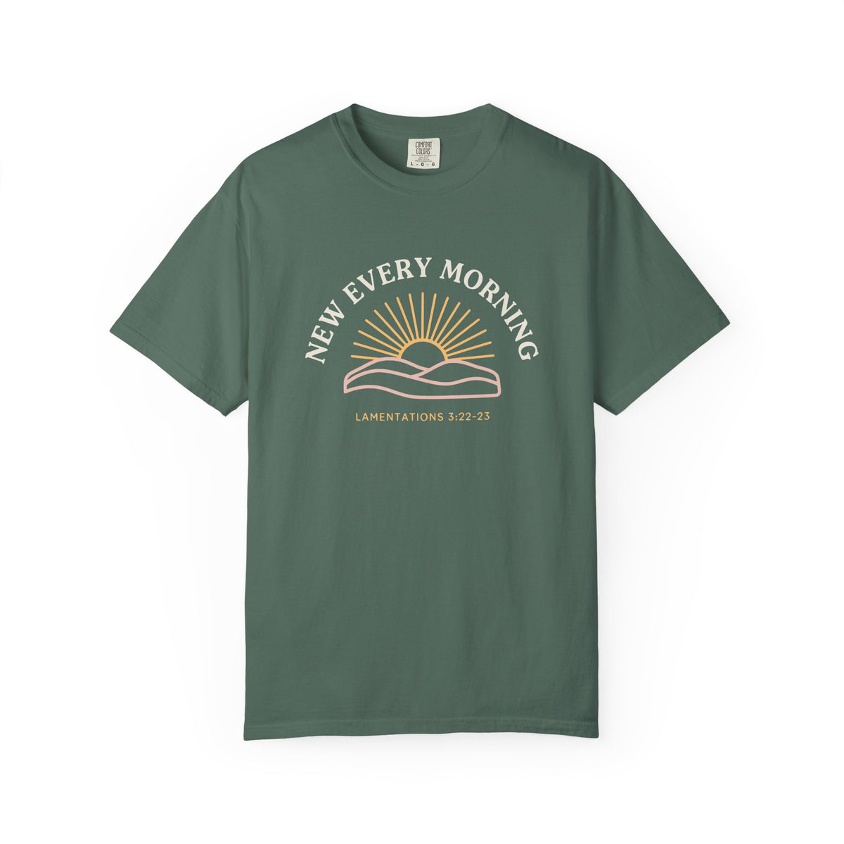 New Every Morning Lamentations 3:22-23 tee in blue spruce, front mockup
