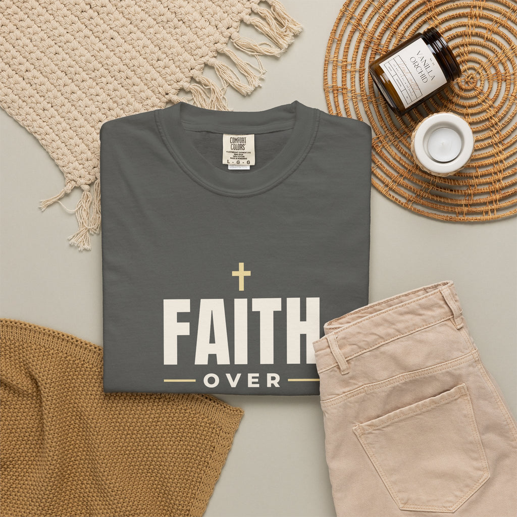 Faith Over Fear Christian tee in pepper, folded flat lay