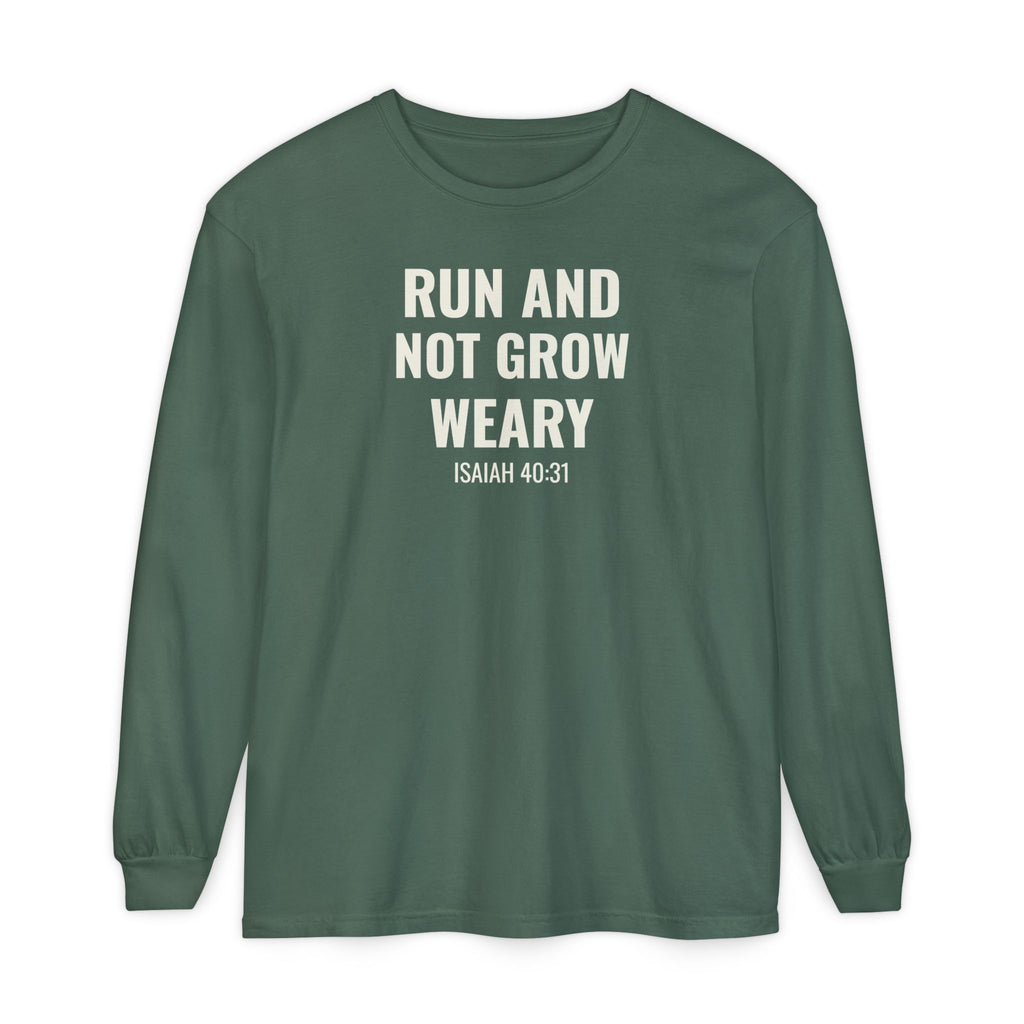 Run and Not Grow Weary Isaiah 40:31 long sleeve tee in blue spruce, front mockup