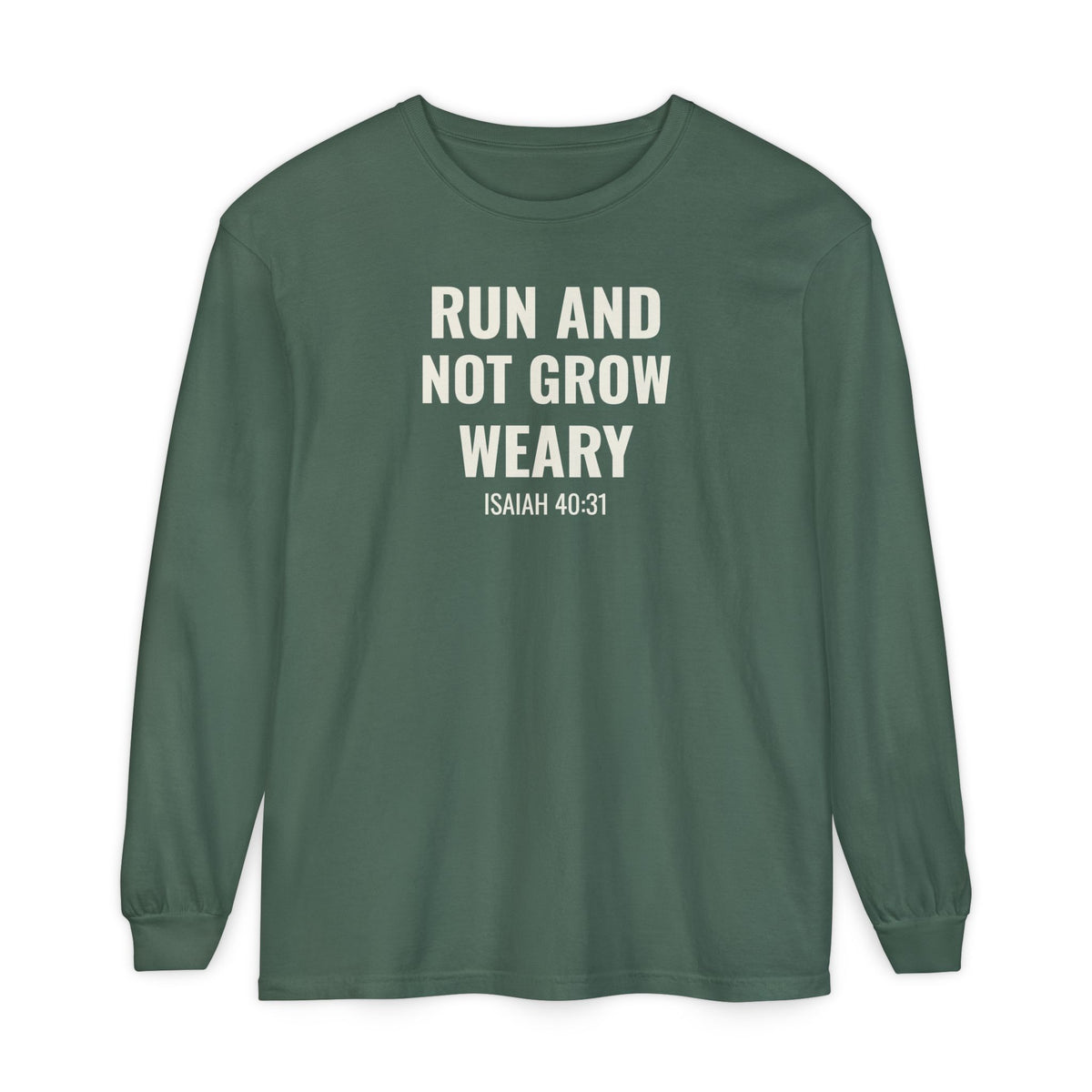 Run and Not Grow Weary Isaiah 40:31 long sleeve tee in blue spruce, front mockup