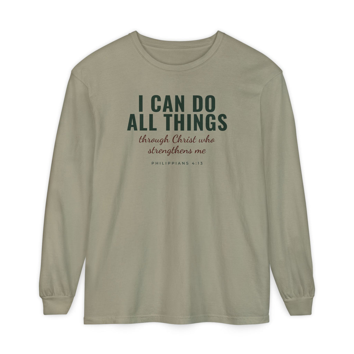 I Can Do All Things Philippians 4:13 Christian long sleeve tee in sandstone, front mockup