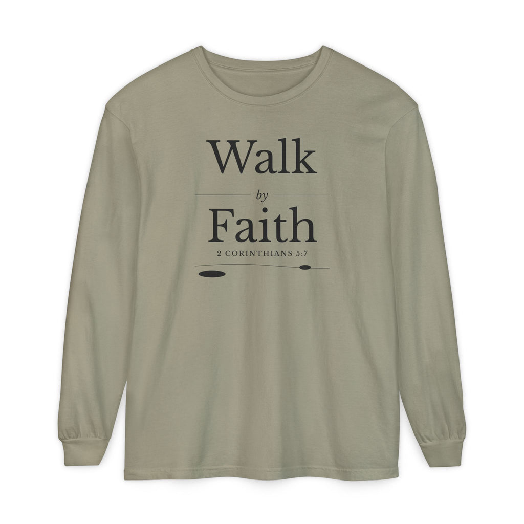 Walk by Faith 2 Corinthians 5:7 long sleeve tee in sandstone, front mockup