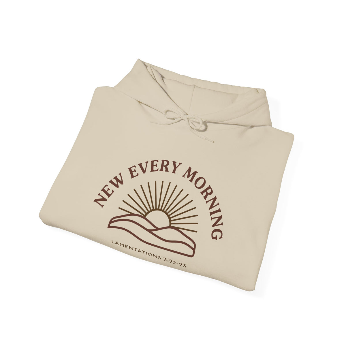 New Every Morning Lamentations 3:22-23 hoodie in sand, folded mockup