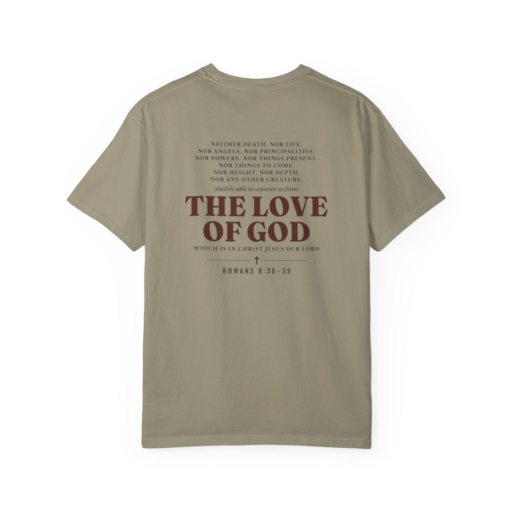 Nothing Can Separate Us Romans 8:38-39 tee in Sandstone, back print mockup