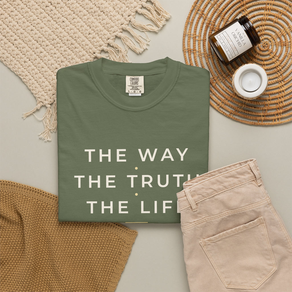 The Way The Truth The Life John 14:6 Christian tee in sage, folded flat lay
