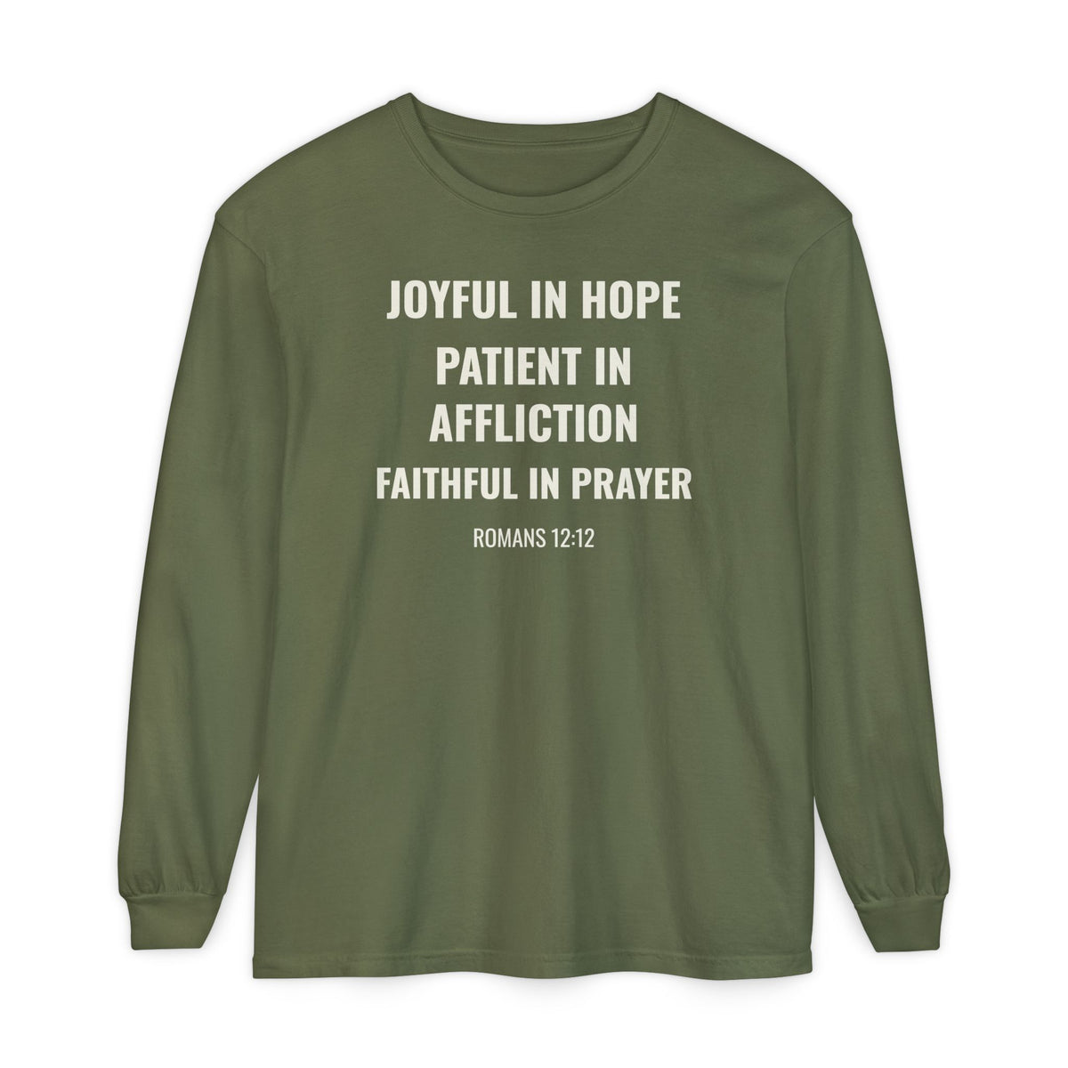 Joyful in Hope Romans 12:12 long sleeve tee in hemp, front mockup